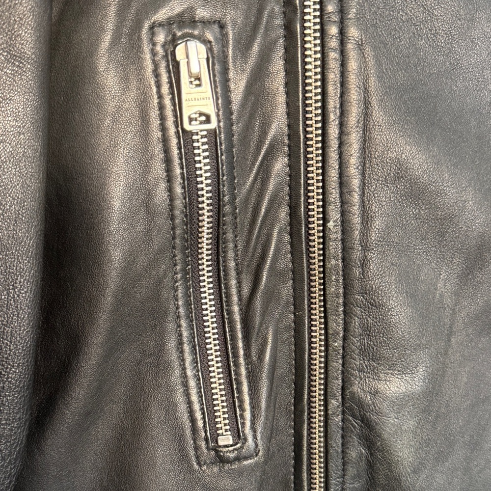All Saints Mens Black Leather Biker Jacket with Quilted Shoulders - Picture 6 of 15